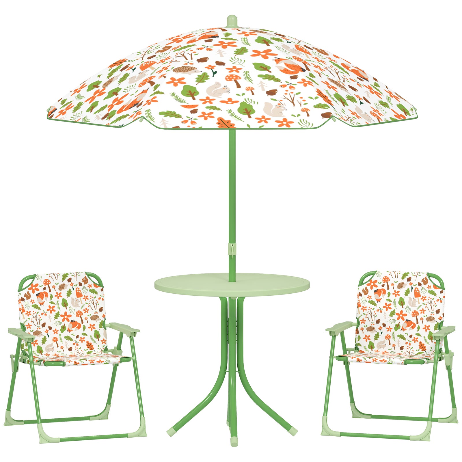 Kids Garden Furniture, Children Table And Chair Set W/ Adjustable Parasol | Green