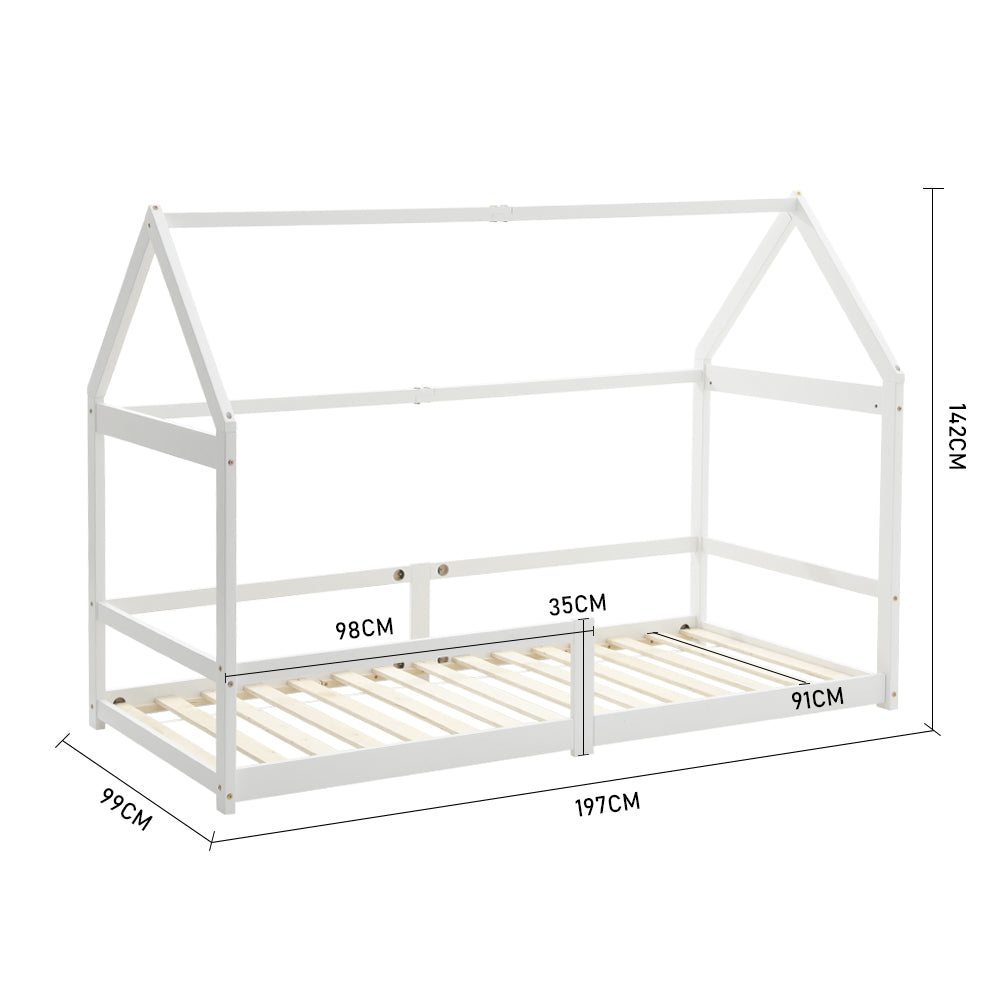Kids House Bed Frame With Guardrails – 190cm X 90cm Solid Pine Wood Low Design White Montessori Toddler Bed