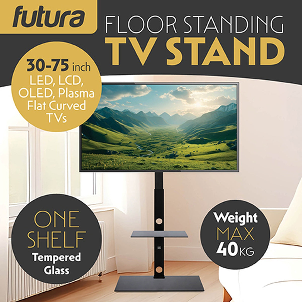 Futura Futura Tv Floor Stand 30 To 75 Inch Height Adjustable Swivel Mount With Shelf Supports 40kg
