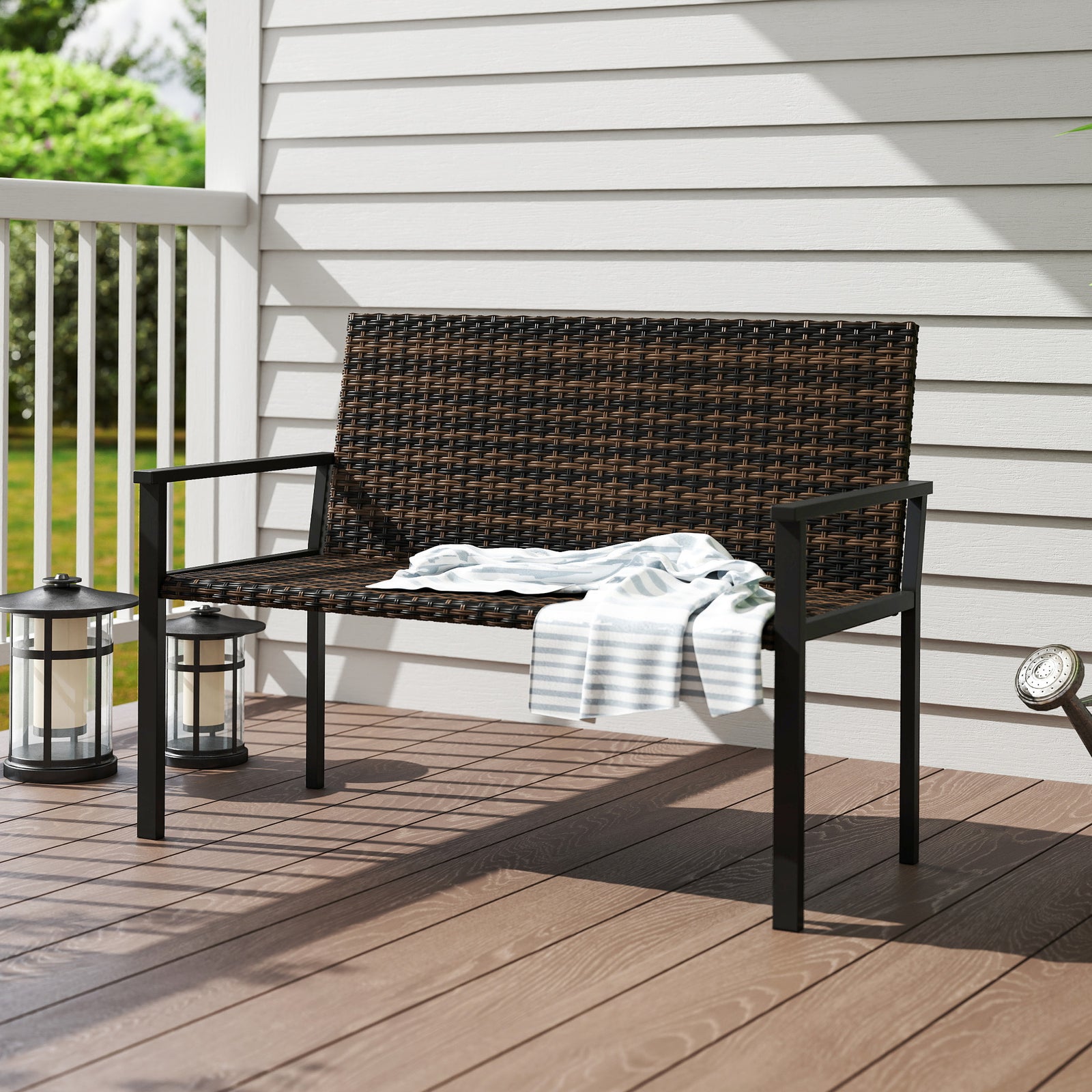 2 Seater Rattan Bench With Quick-drying Padding | Brown