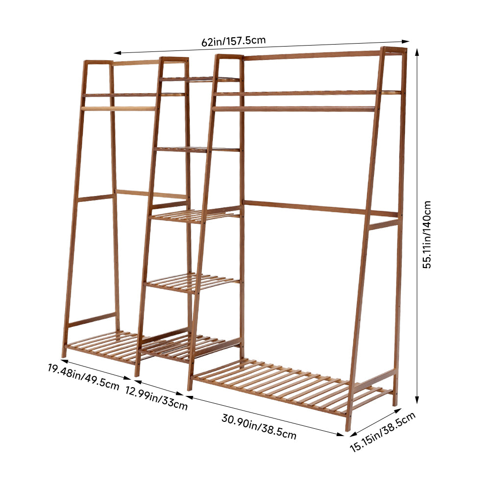 Trapezoid Bamboo Garment Rack With Tiered Storage Shelves | Brown