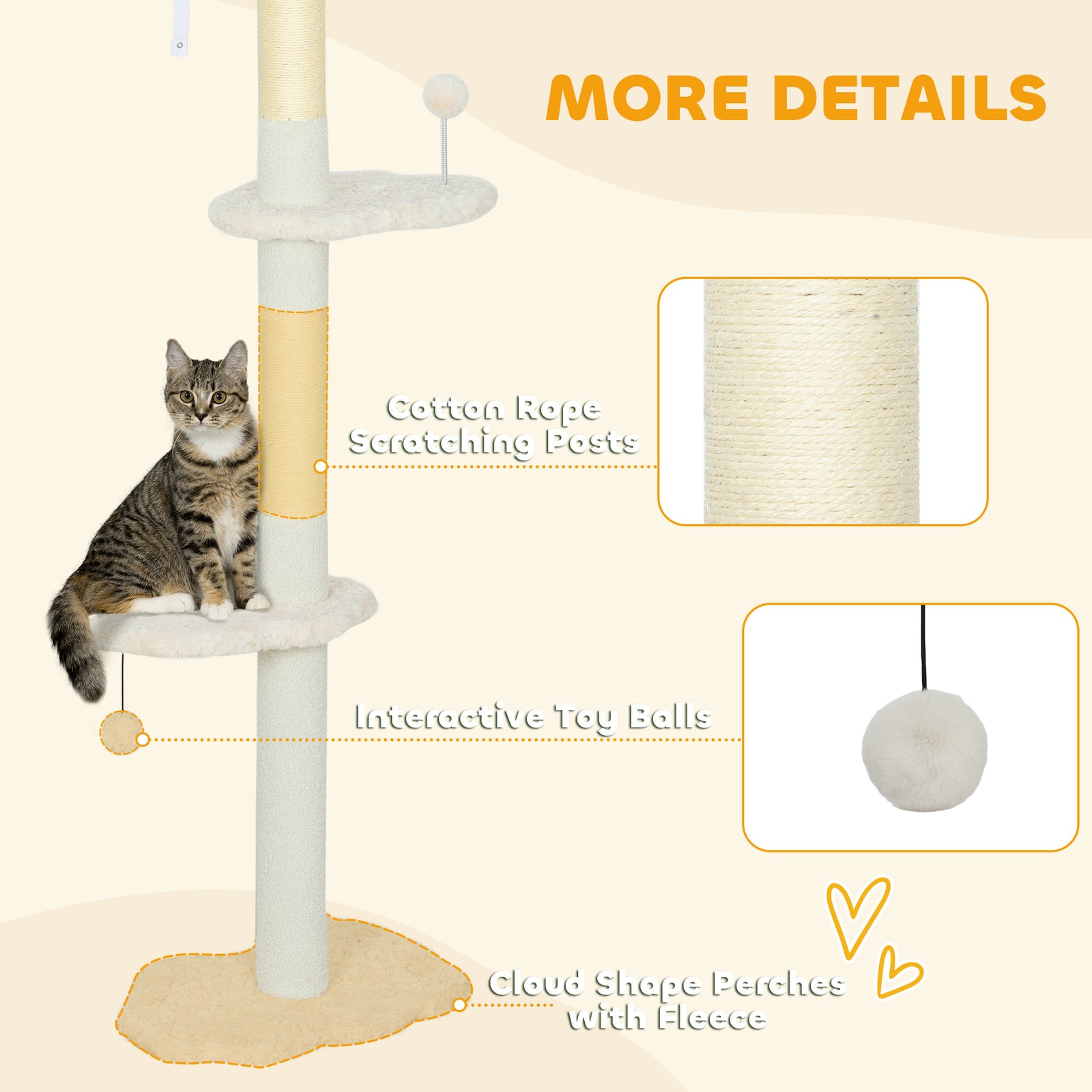 PawHut 225-255 Cm Adjustable Cat Tree With Sisal Scratching Posts, Beige