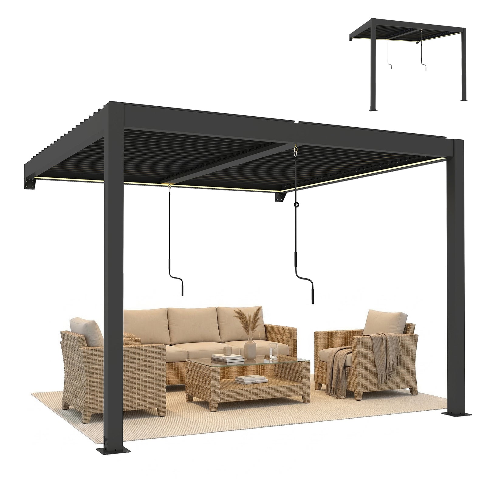 Outsunny 3 X 3 M Louvered Pergola With Led Lights, Metal Louvres, Dark Grey