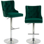 HOMCOM Bar Stools Set Of 2, Swivel Velvet Barstools With Footrest, Green