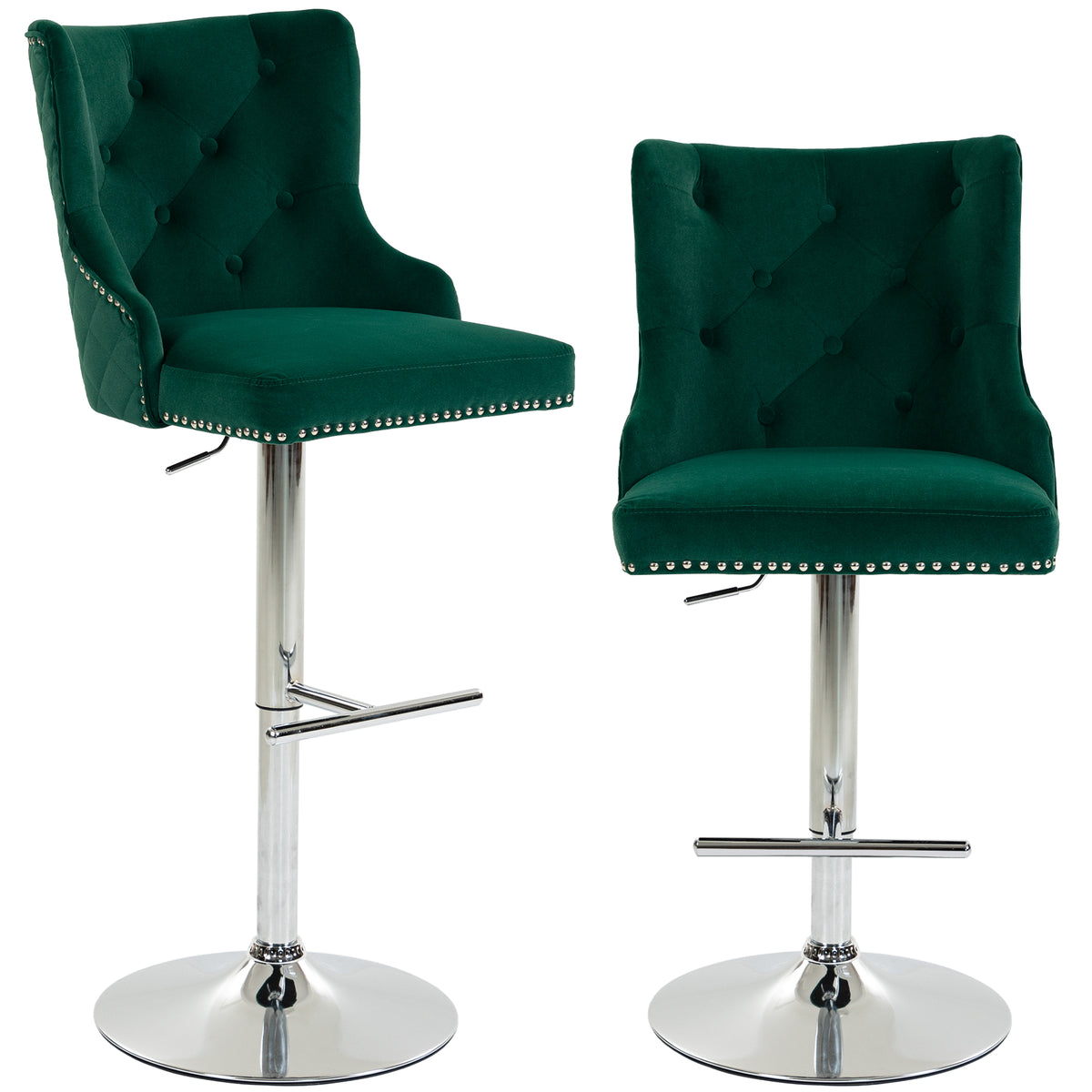 HOMCOM Bar Stools Set Of 2, Swivel Velvet Barstools With Footrest, Green