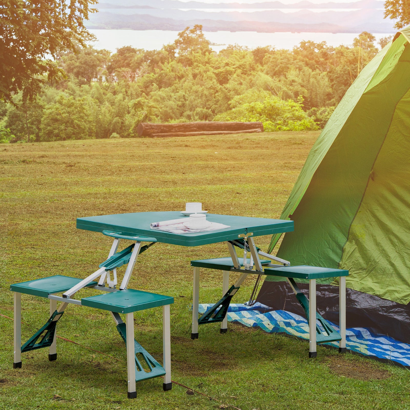 Picnic Table Chair Set 4 Seat Aluminium Pp W/ 2.7cm Hole | Green