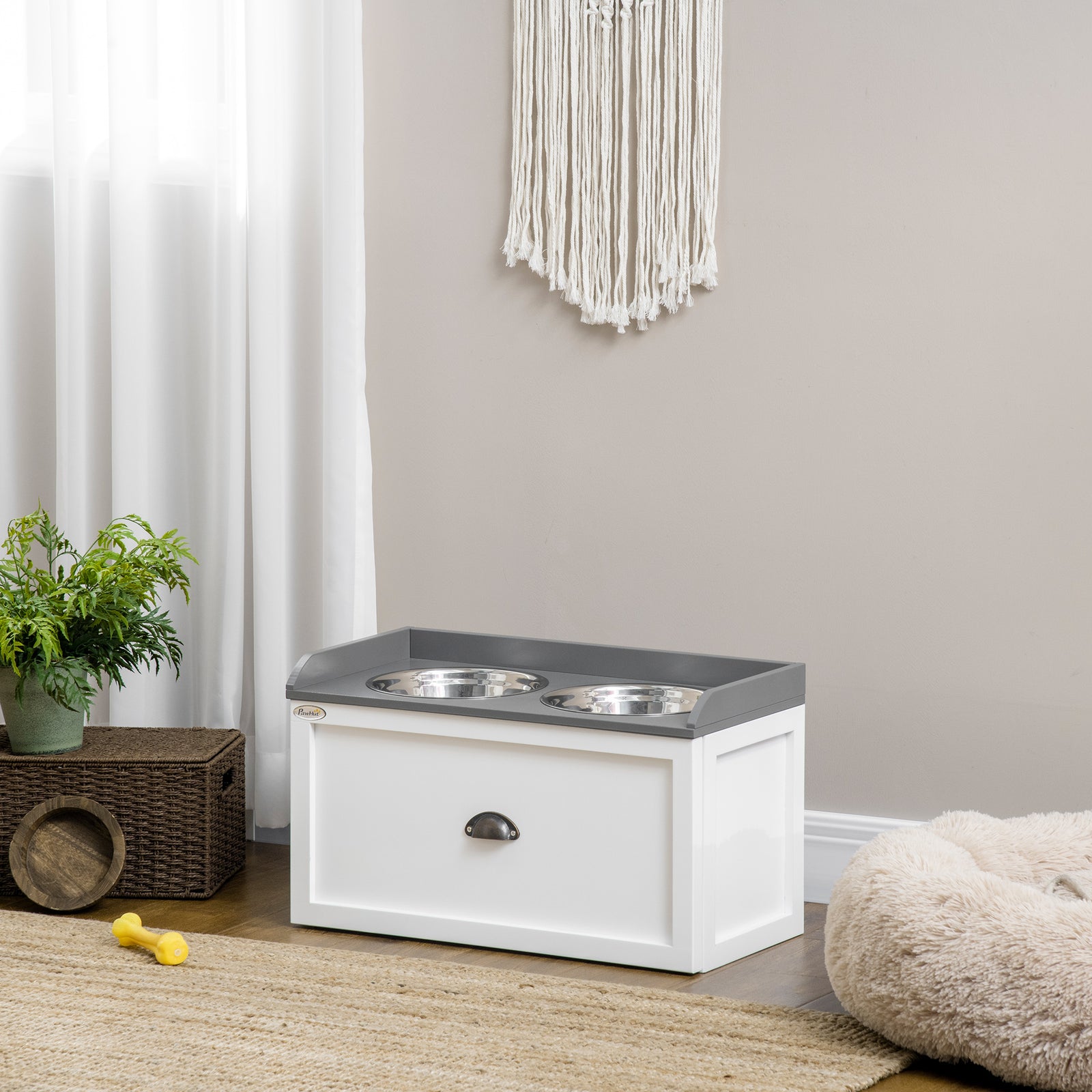 Stainless Steel Raised Dog Bowl W/ 21l Storage Drawer, For Large Dogs | White