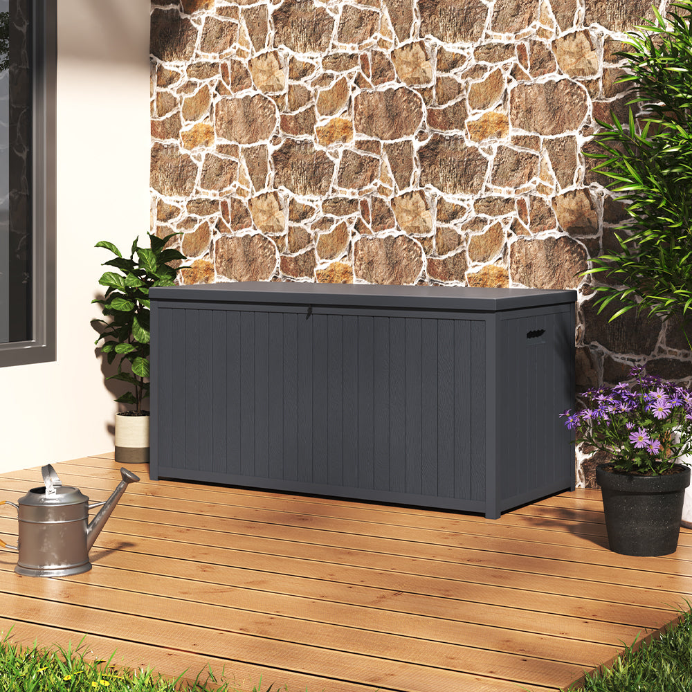 430L Large Garden Storage Box – Wooden Style Outdoor Storage Box, Waterproof, Durable & Easy to Assemble (No Wheels) | Grey