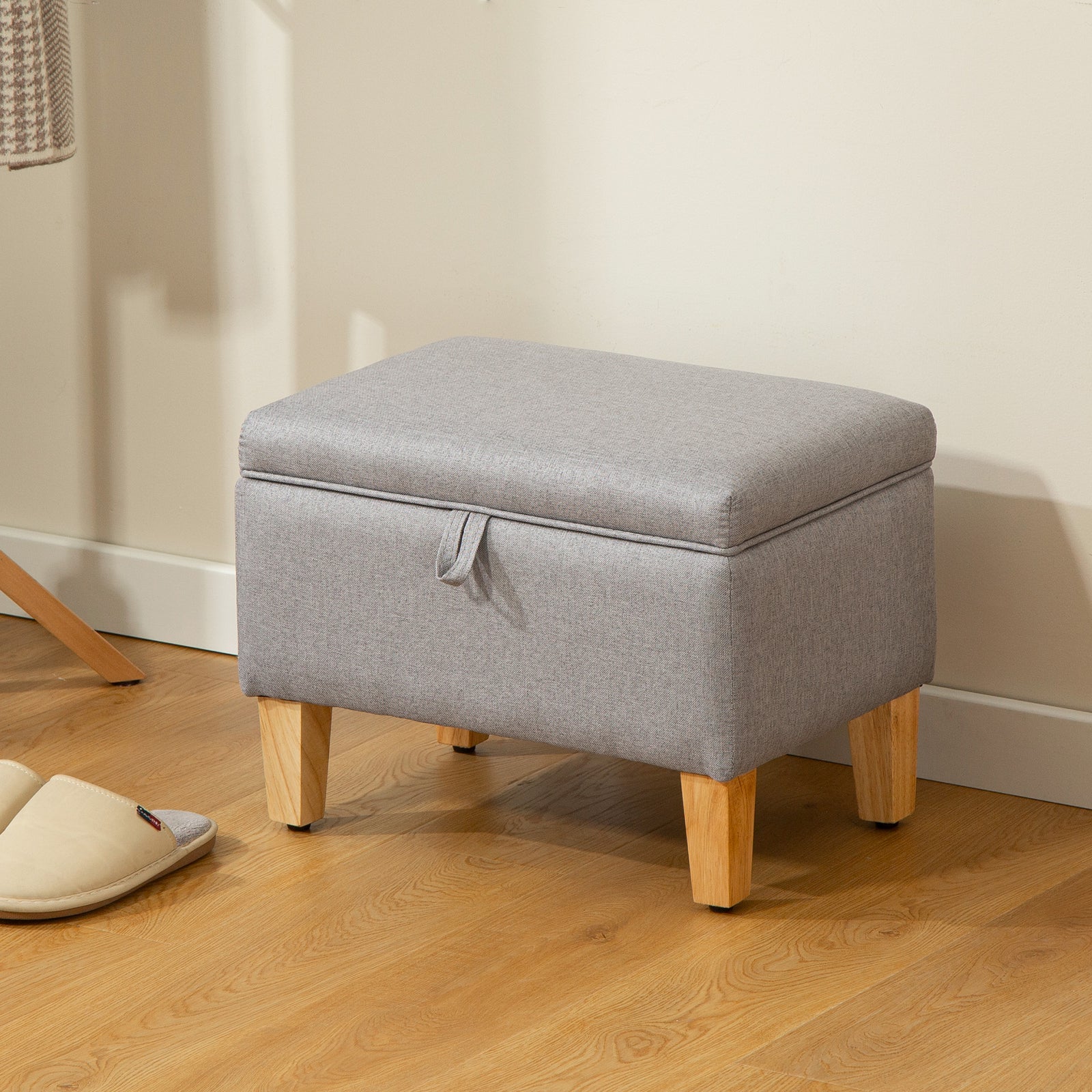Linen Storage Ottoman Storage Box With Rubberwood Legs | Light Grey
