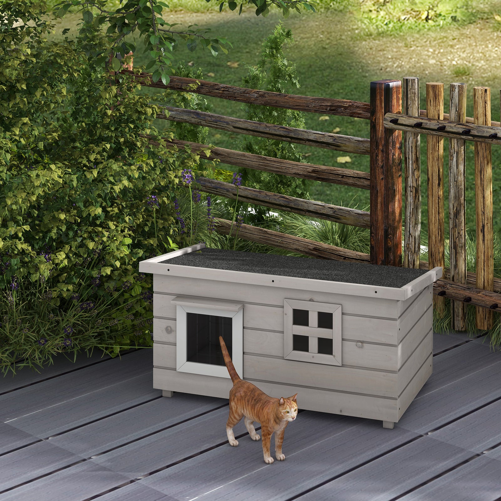 Pawhut Wooden Cat House Outdoor With Openable Top, Asphalt Roof, Window Grey