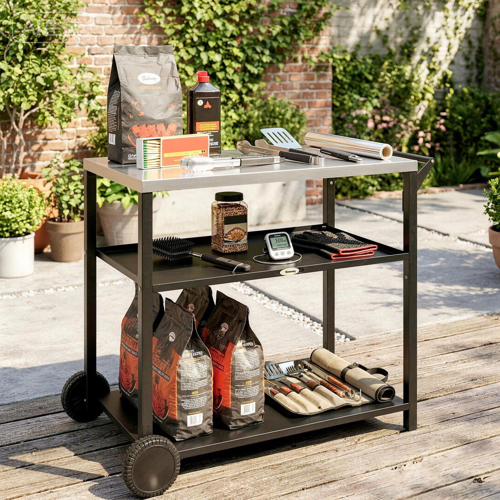 Outdoor Grill Cart, Food Prep Table On Wheels, Black