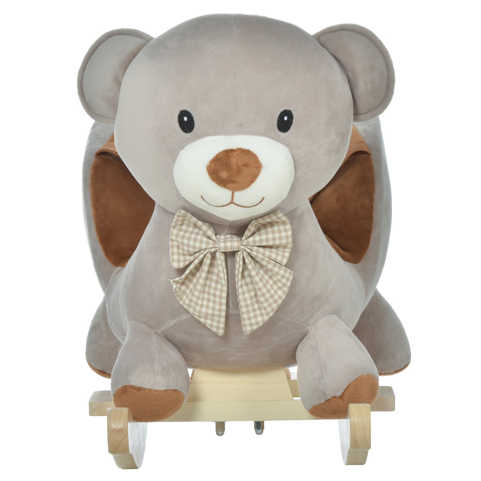 Kids Rocking Bear Plush Ride On Seat W/ Sound Button Wood Base Seat Belt