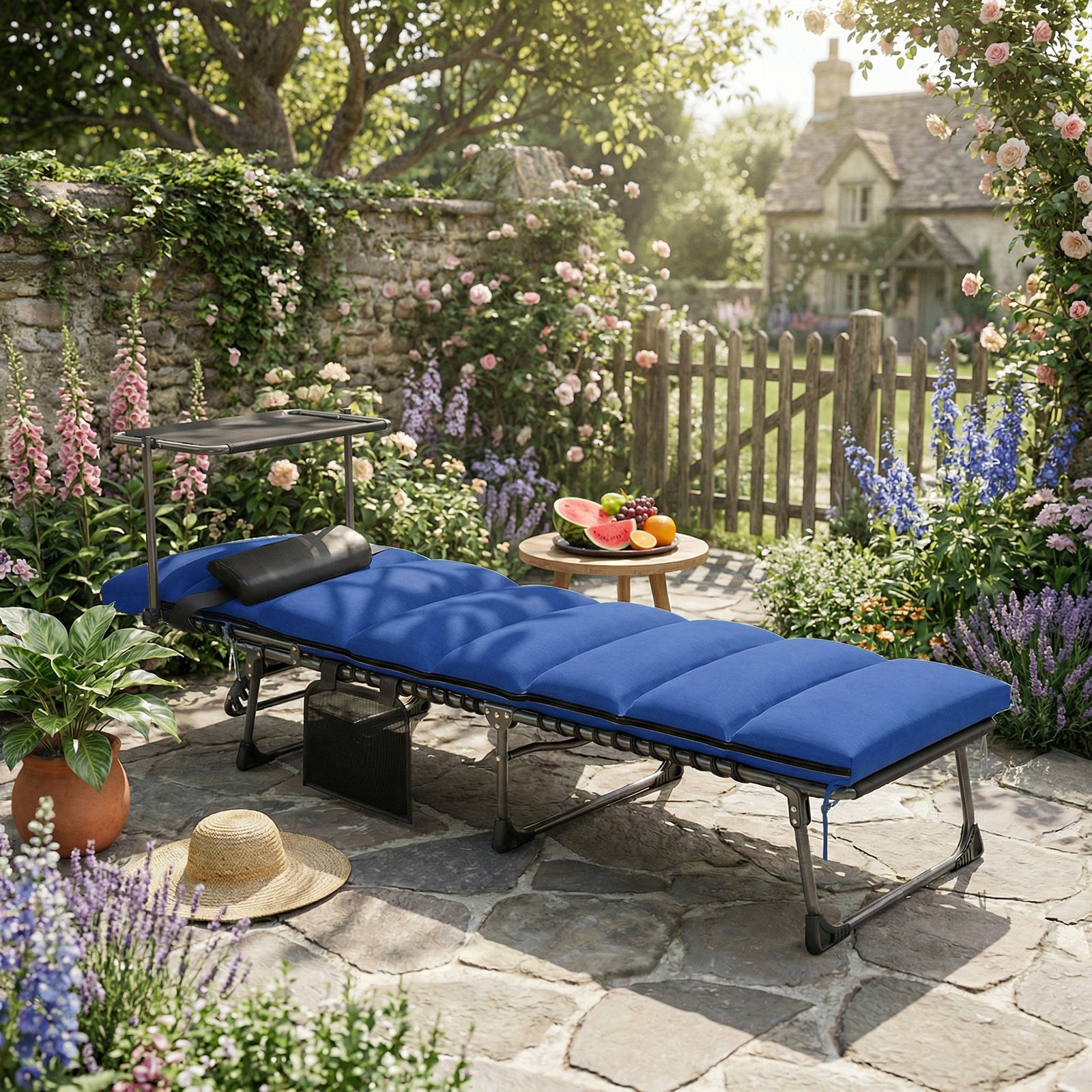 Folding Sun Lounger, Sun Bed With Canopy | Dark Blue