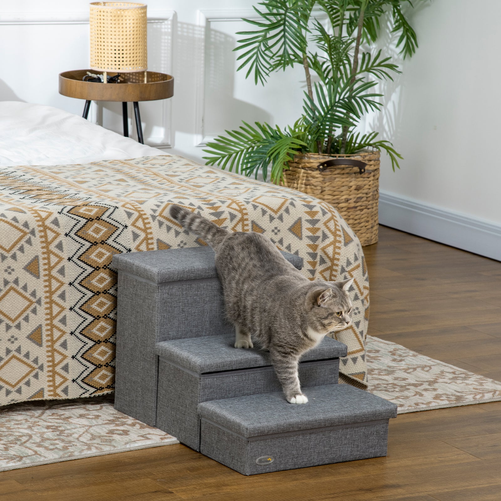 3 Step Dog Steps With Storage Boxes, Cat Stairs For Bed Sofa, Light Grey