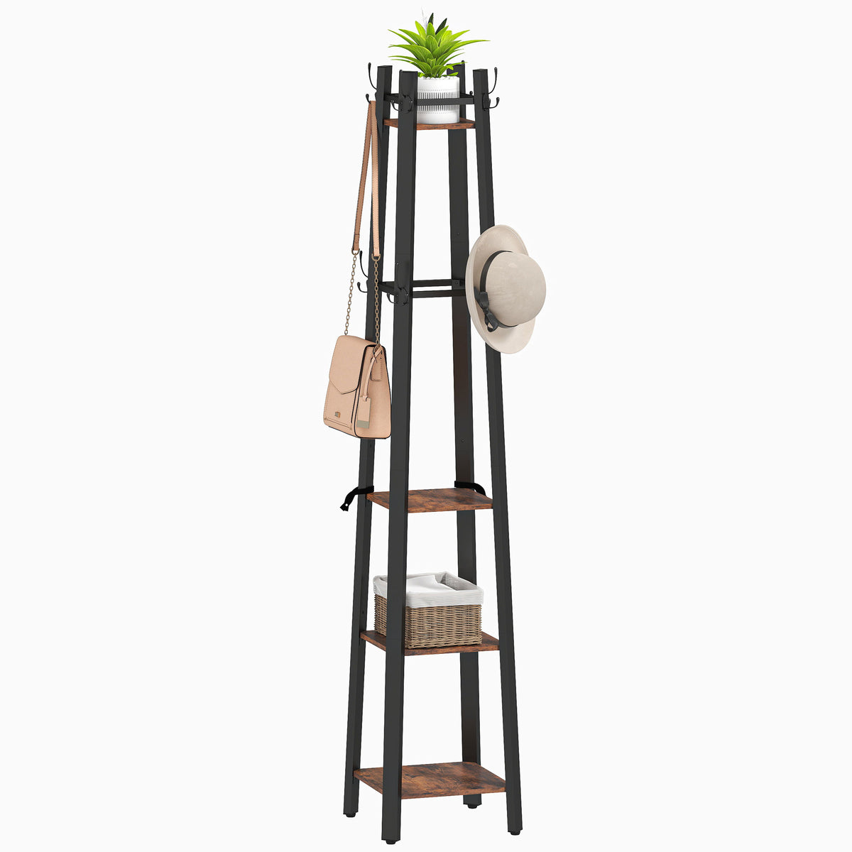 HOMCOM Industrial Coat Stand With 4 Storage Shelves And 8 Hooks