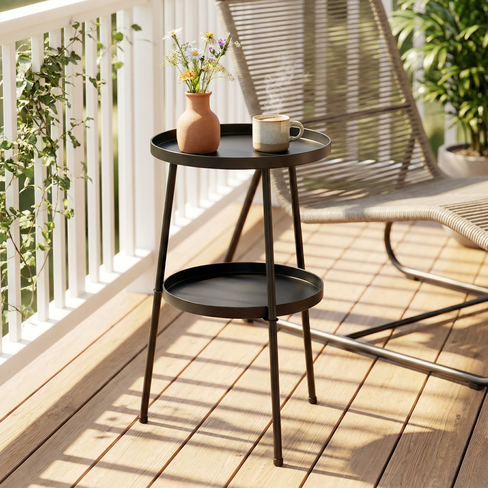 Patio Side Table, 2-tier Round Coffee End Table | Black