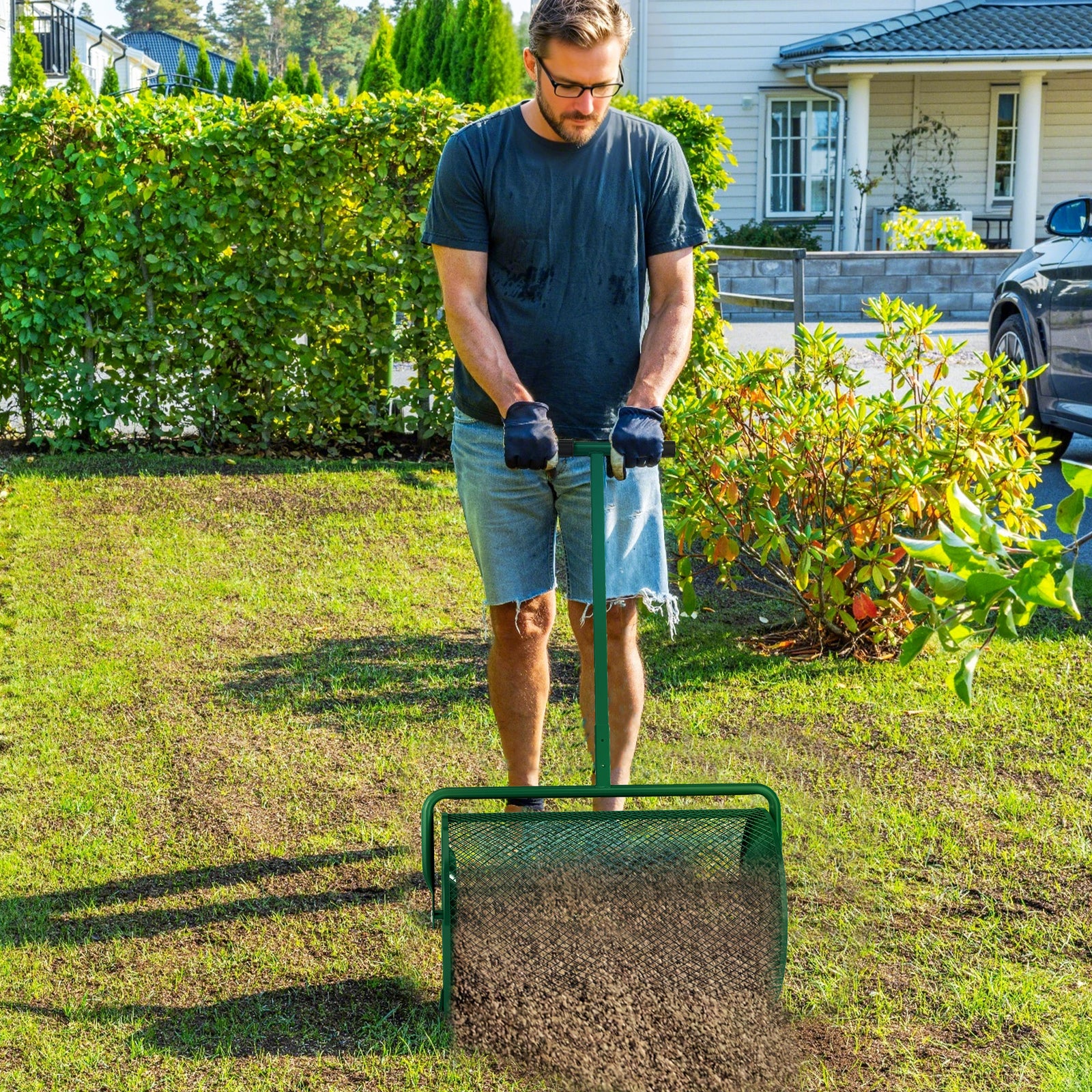 Compost Spreader, 24" Garden Spreader W/ Height Adjustable Handle