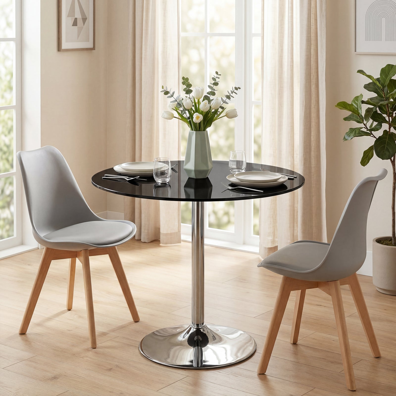 Round Bar Table, Dining Table With Tempered Glass Top And Steel Frame | L | Black