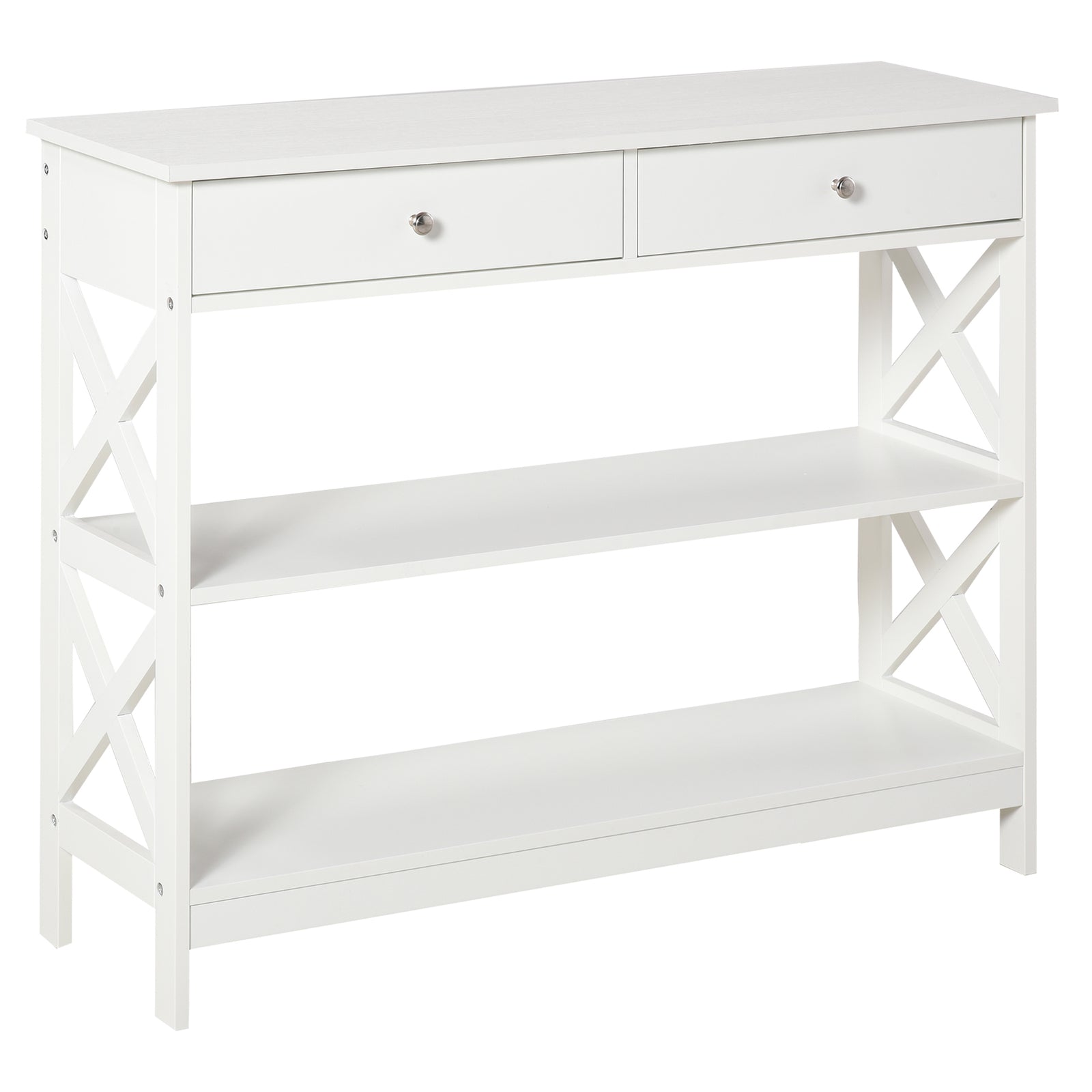 Console Table Side Desk Shelves Drawers Open Top X Support | One Size | White