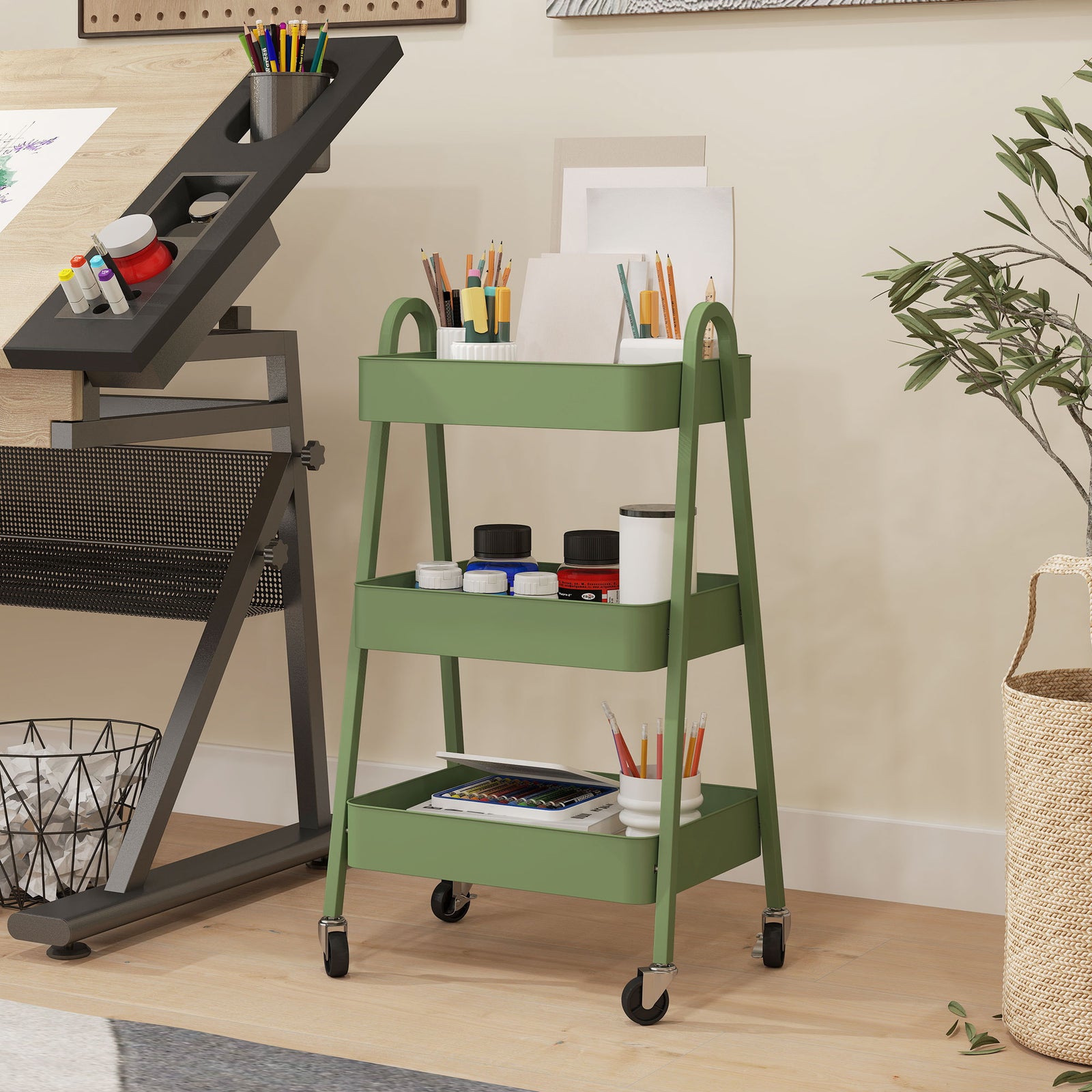 3-tier Kitchen Cart, Wheels | Green