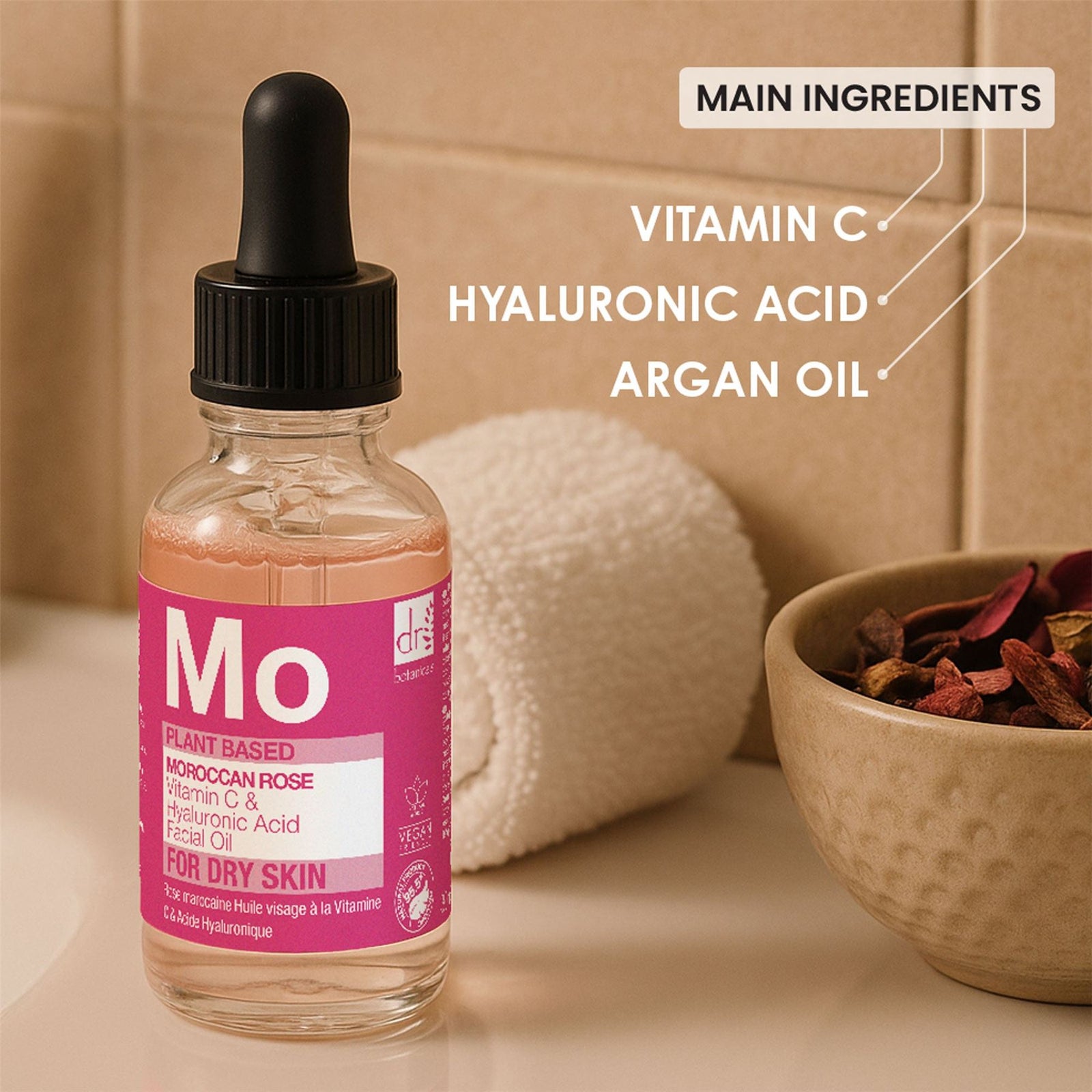 Moroccan Rose Anti-ageing Facial Oil With Hyaluronic Acid & Vitamin C 30ml For Plumping And Moisturising