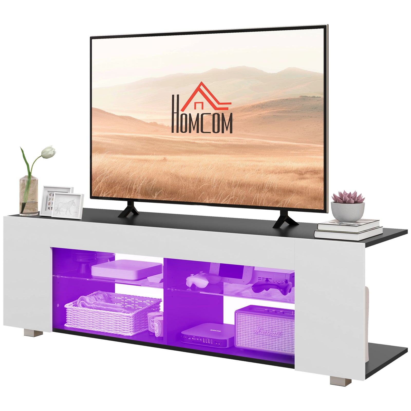 Tv Stand 145cm Glass Shelves Rgb Led | White