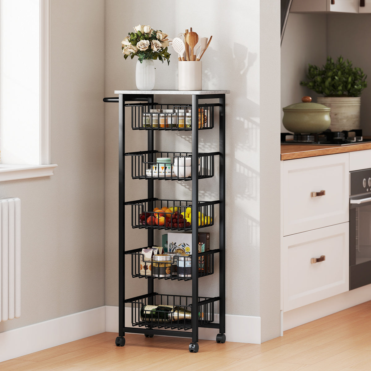 HOMCOM 5-tier Kitchen Island On Wheels With 5 Pull-out Baskets, Light Grey