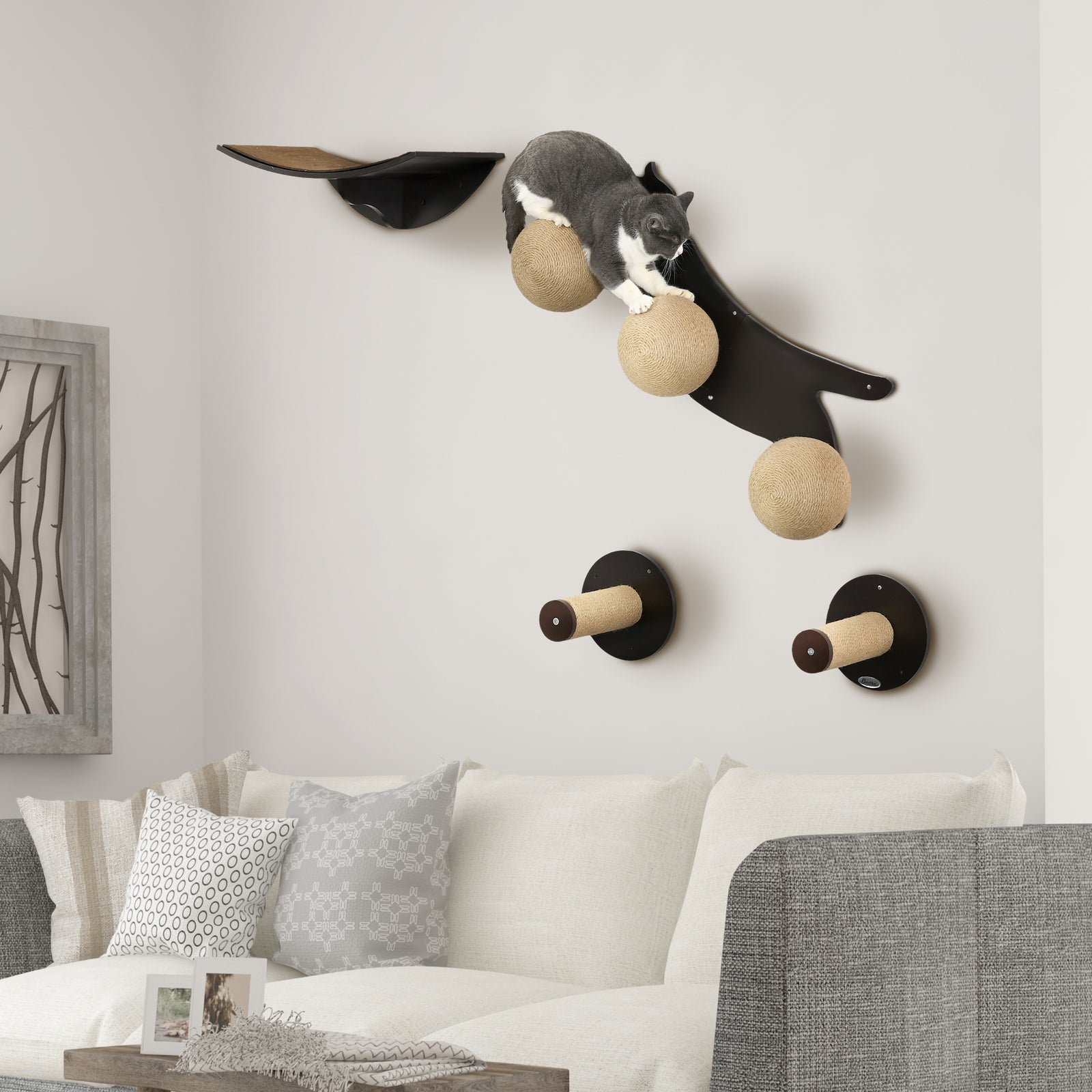 Cat Wall Furniture W/ Curved Platforms, Scratching Posts - Brown