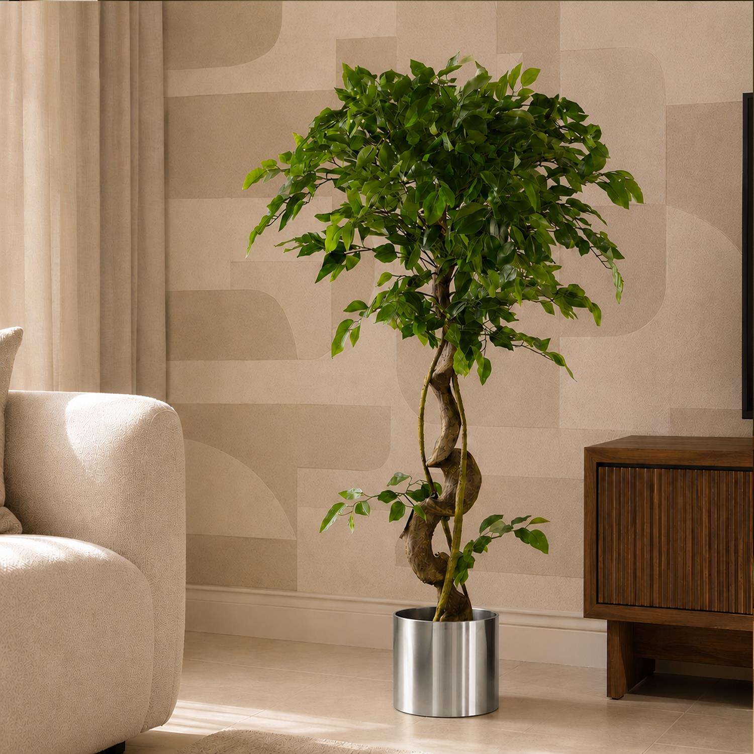 120cm Twisted Trunk Artificial Fruticosa Ficus Tree Silver Planter
