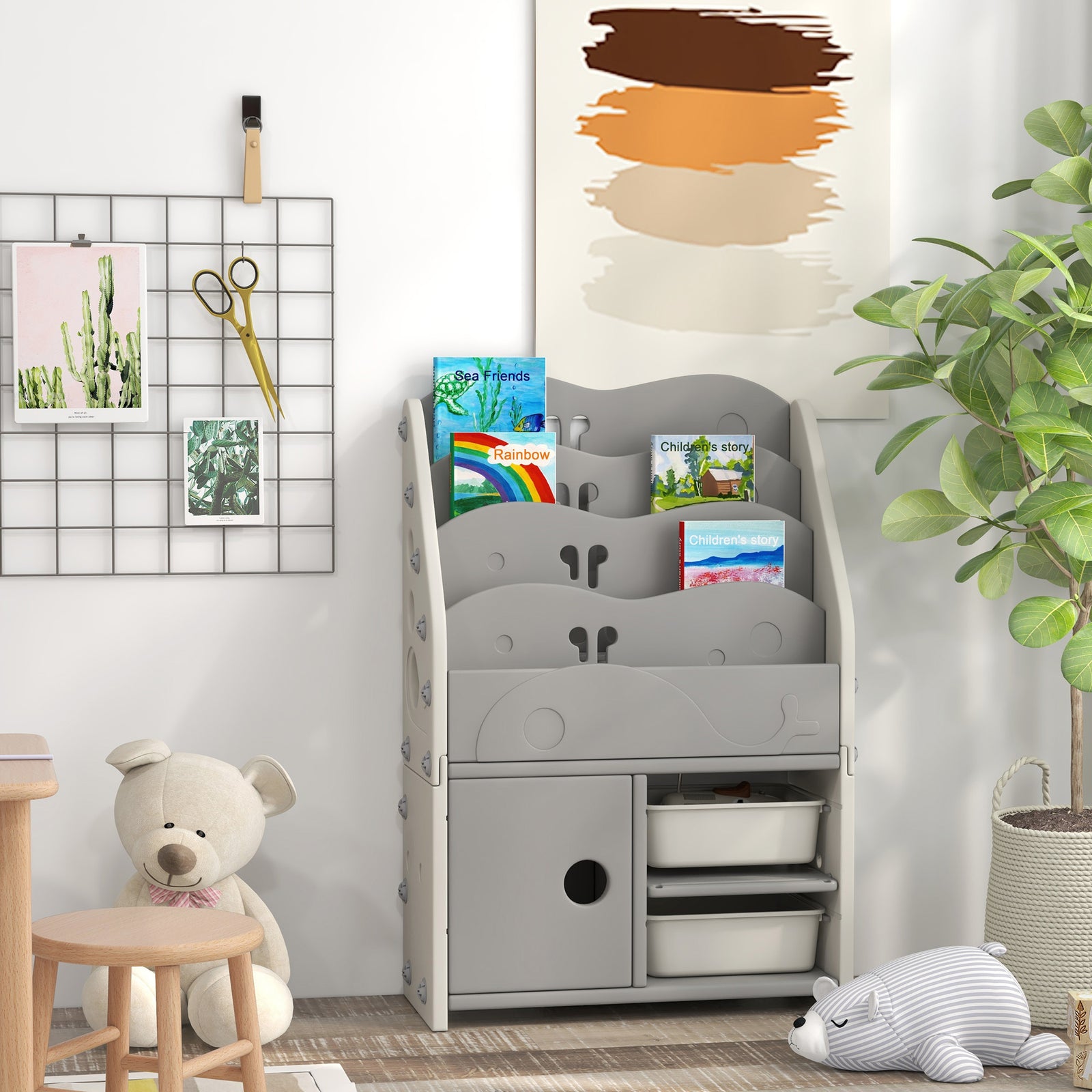 Kids Storage Units With 2 Storage Boxes, 67 X 29 X 98cm, Light Grey