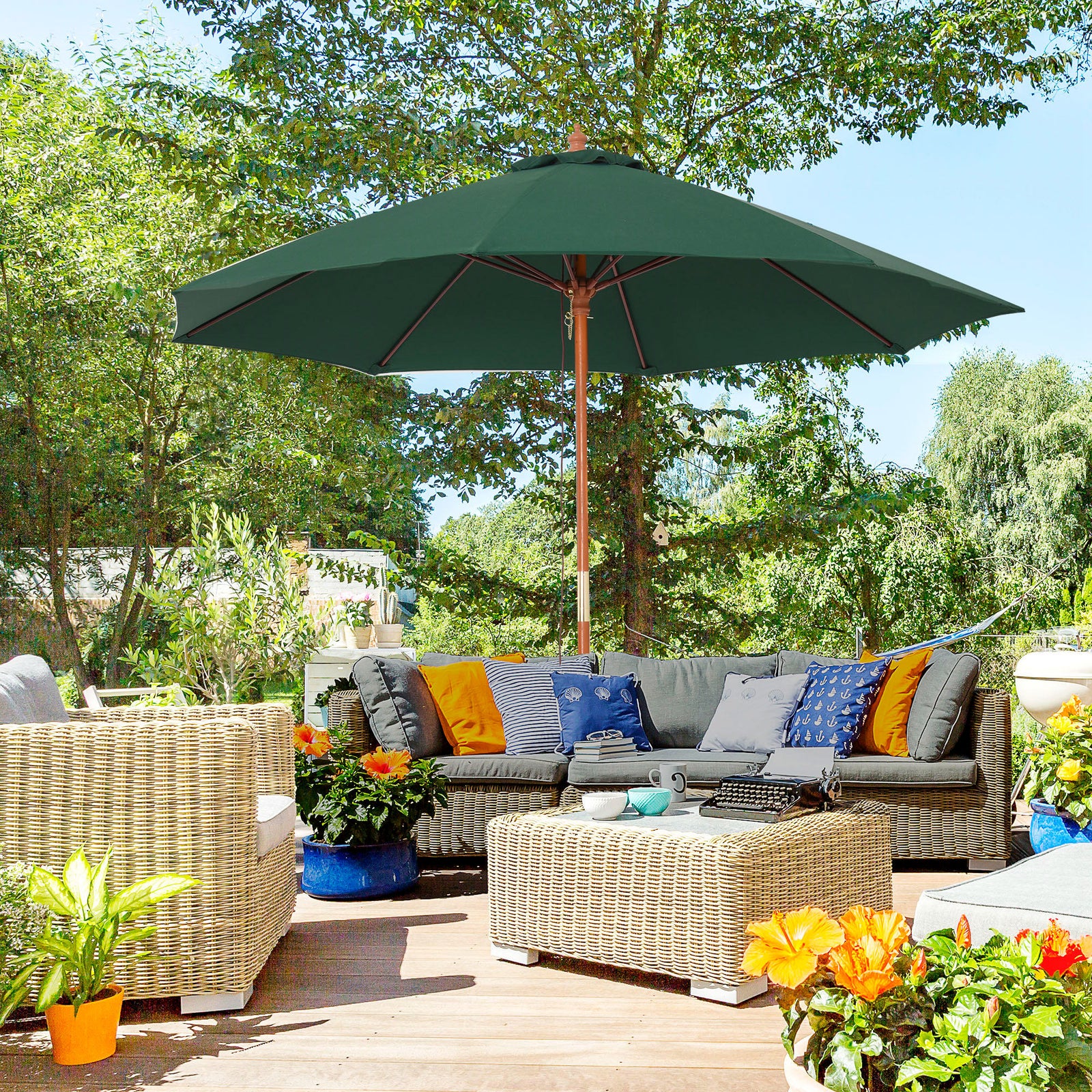 2.5m Wooden Garden Parasol Sun Shade | Green