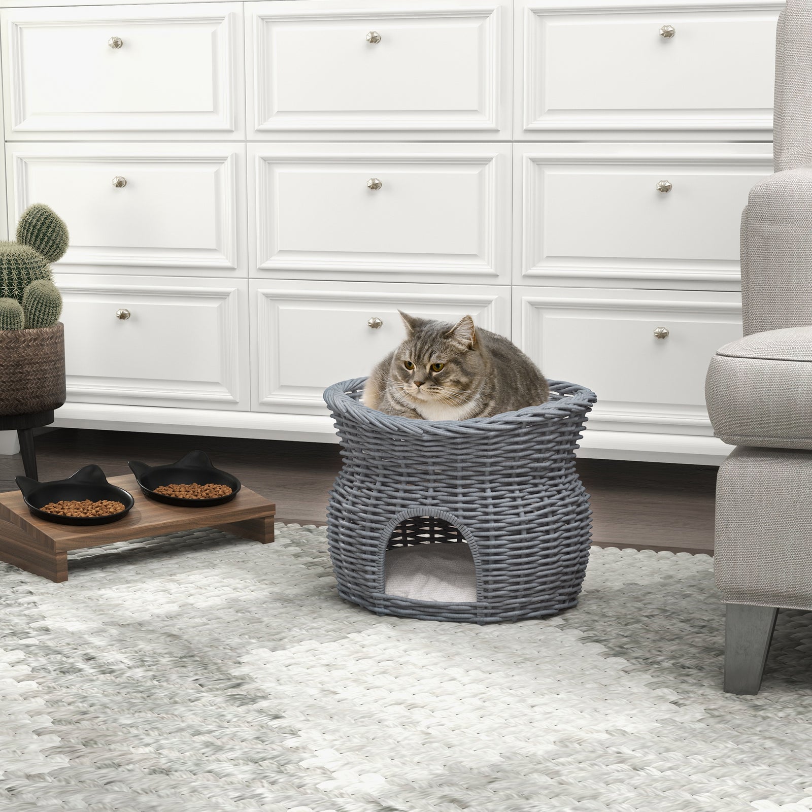 2-tier Elevated Pet Cushion Bed Basket Willow Cat Tree House Condo Kennel