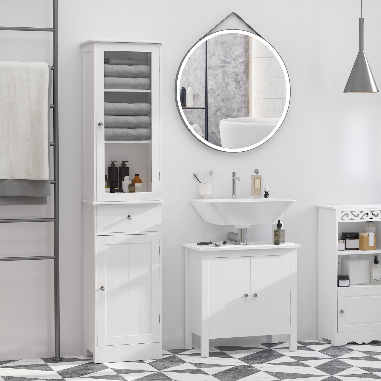 Storage Cabinet Organizer Tower With Shelves & Drawer | One Size | White