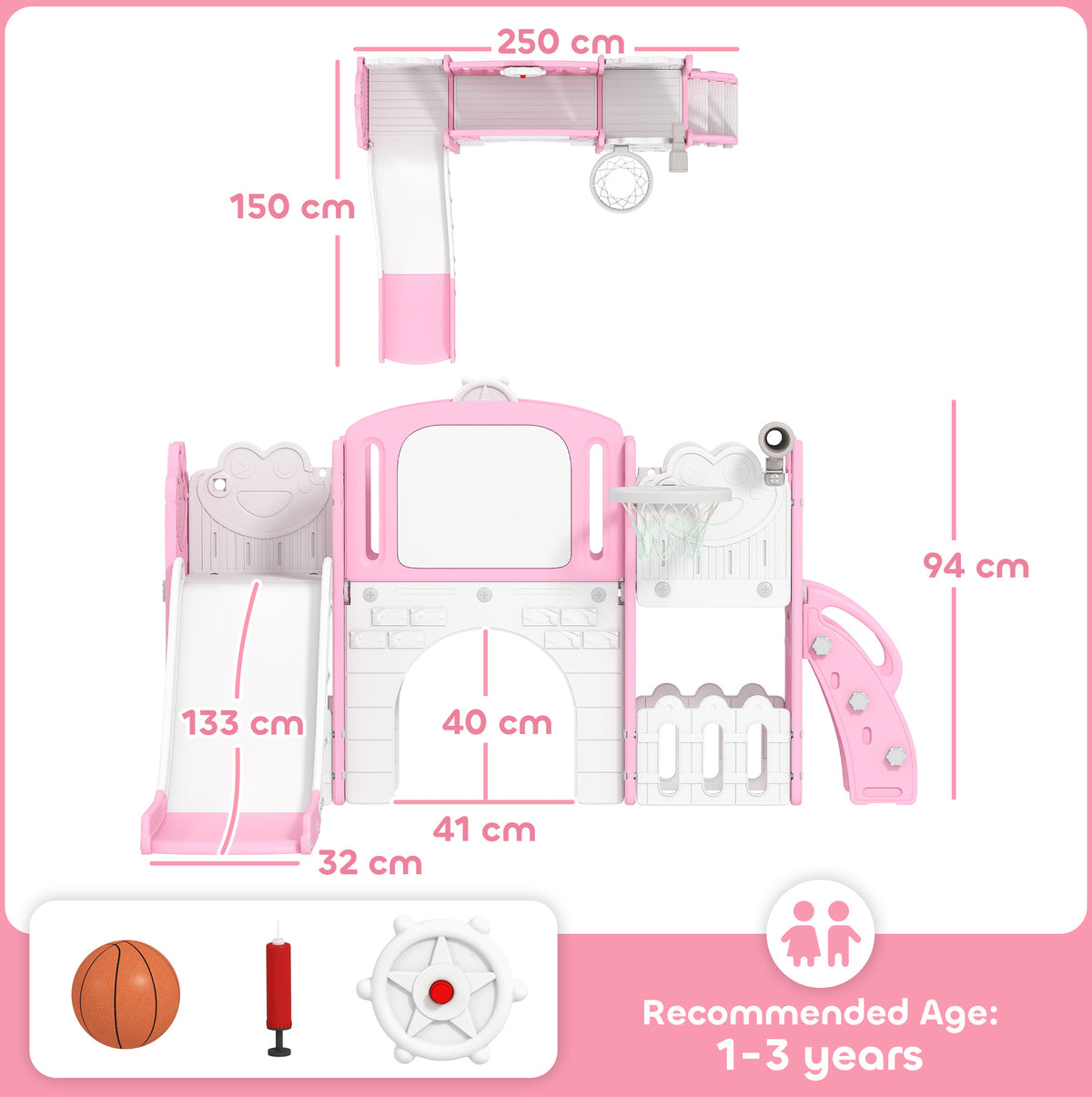 7 In 1 Toddler Slide Set, Frog Theme Playset With Basketball Hoop | Pink