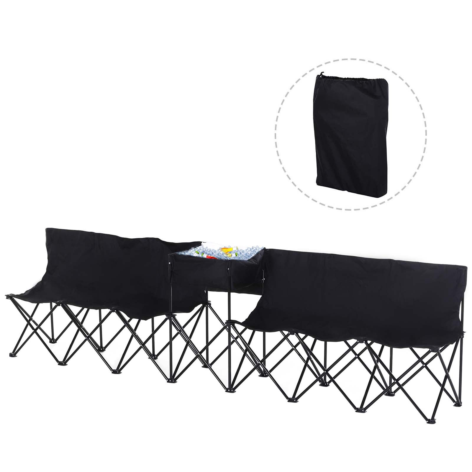 6 Seat Camping Bench Folding Portable Outdoor W/ Cooler Bag | Black