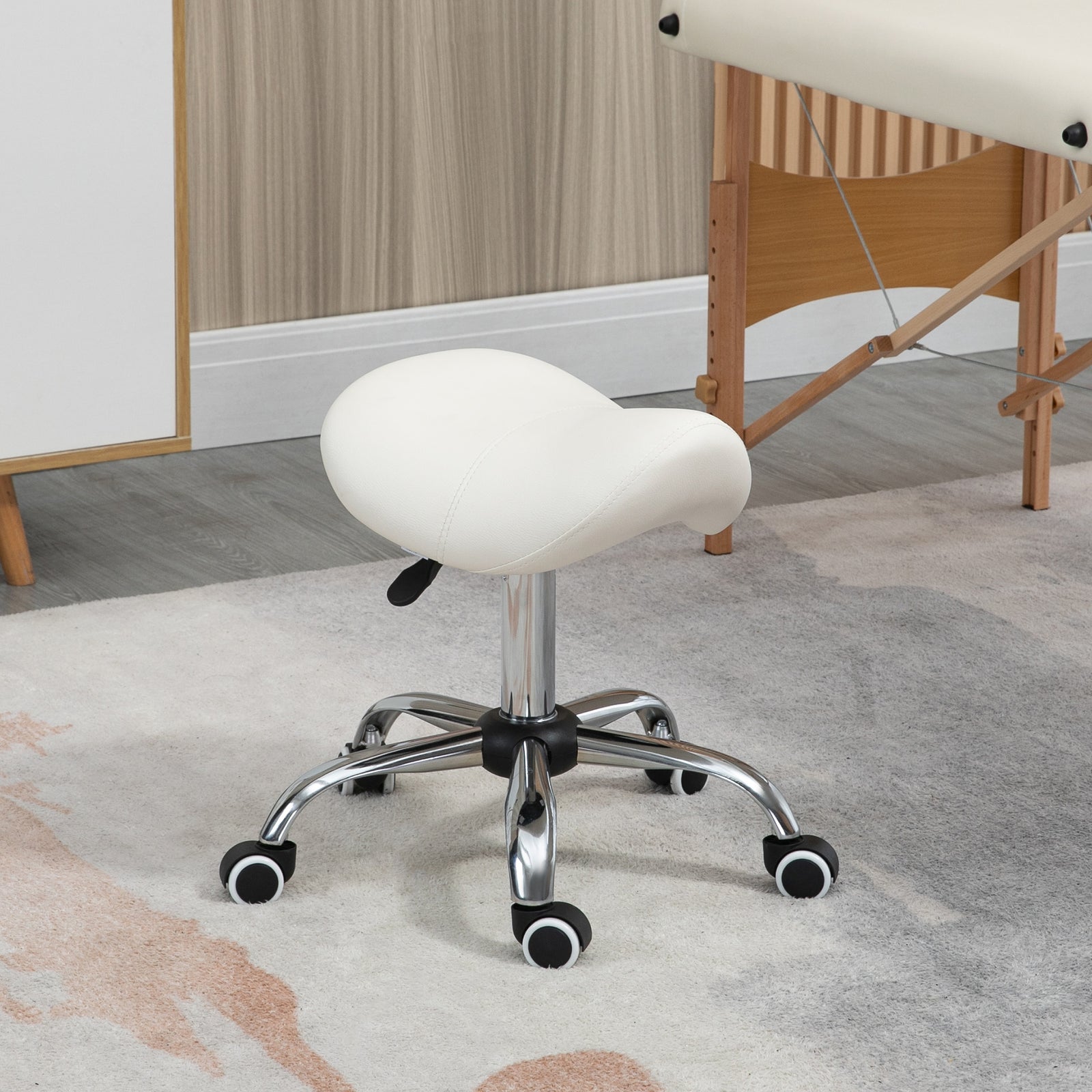 Pu Leather Saddle Stool W/ Moulded Padded Seat Adjustable | One Size | Cream