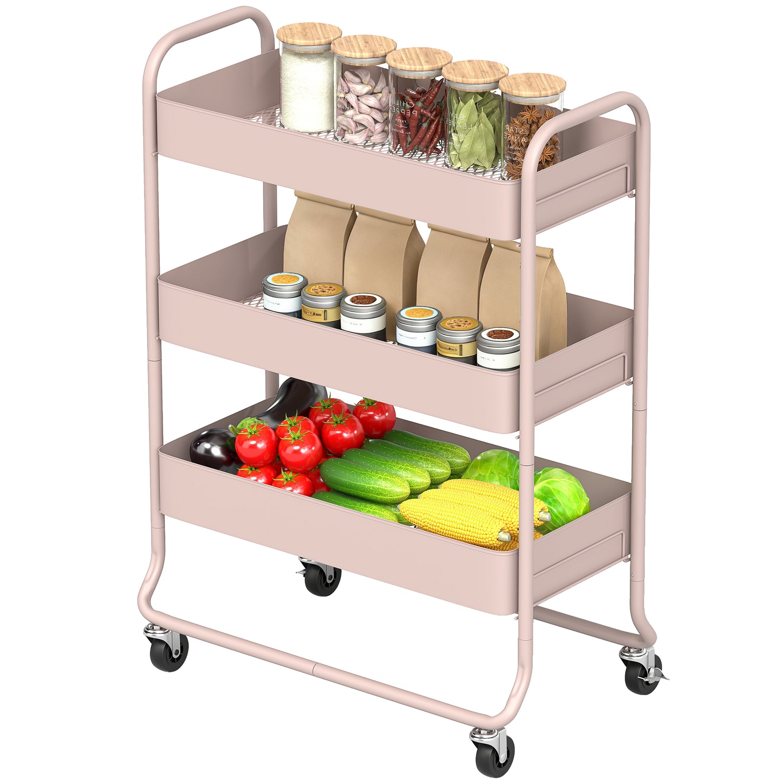 3-tier Storage Trolley, Storage Cart With Mesh Backets, Wheels | Pink