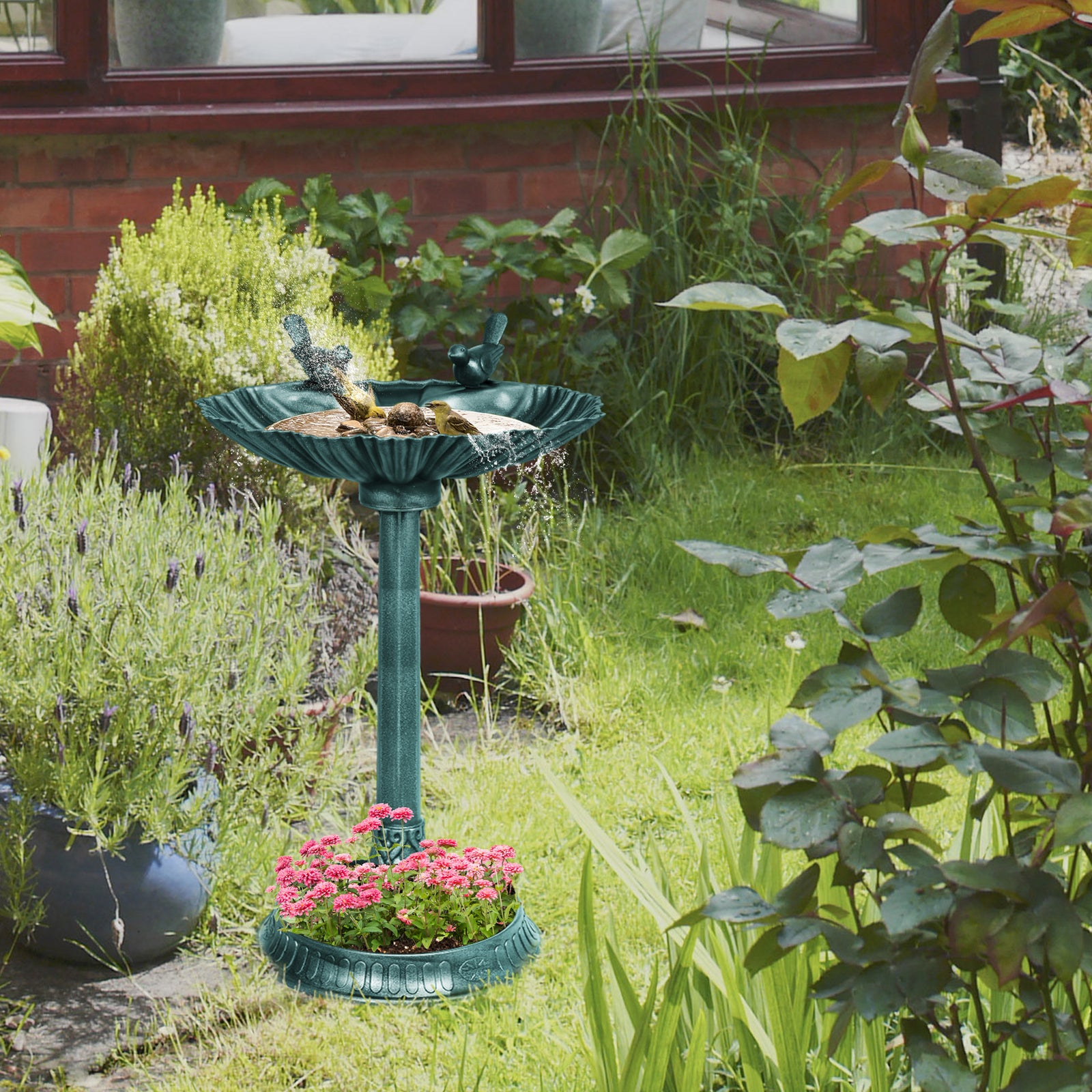 81cm Tall Bird Bath W/ 2 Decorative Birds For Garden | Green