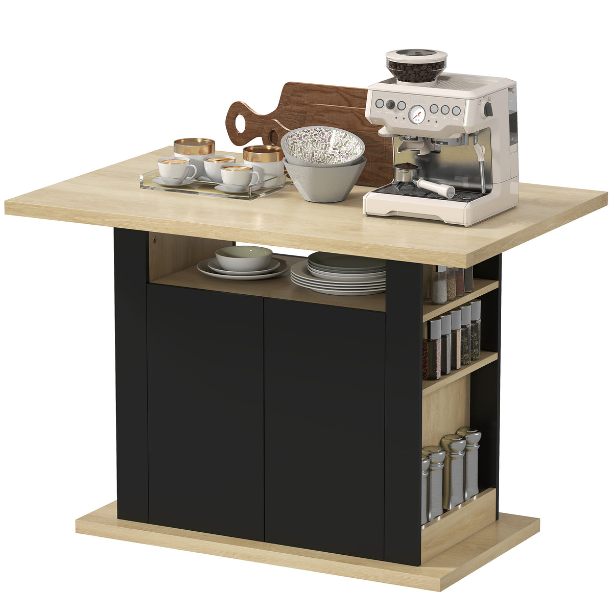 HOMCOM Kitchen Island With Storage Cabinet And Spice Rack, Black & Natural