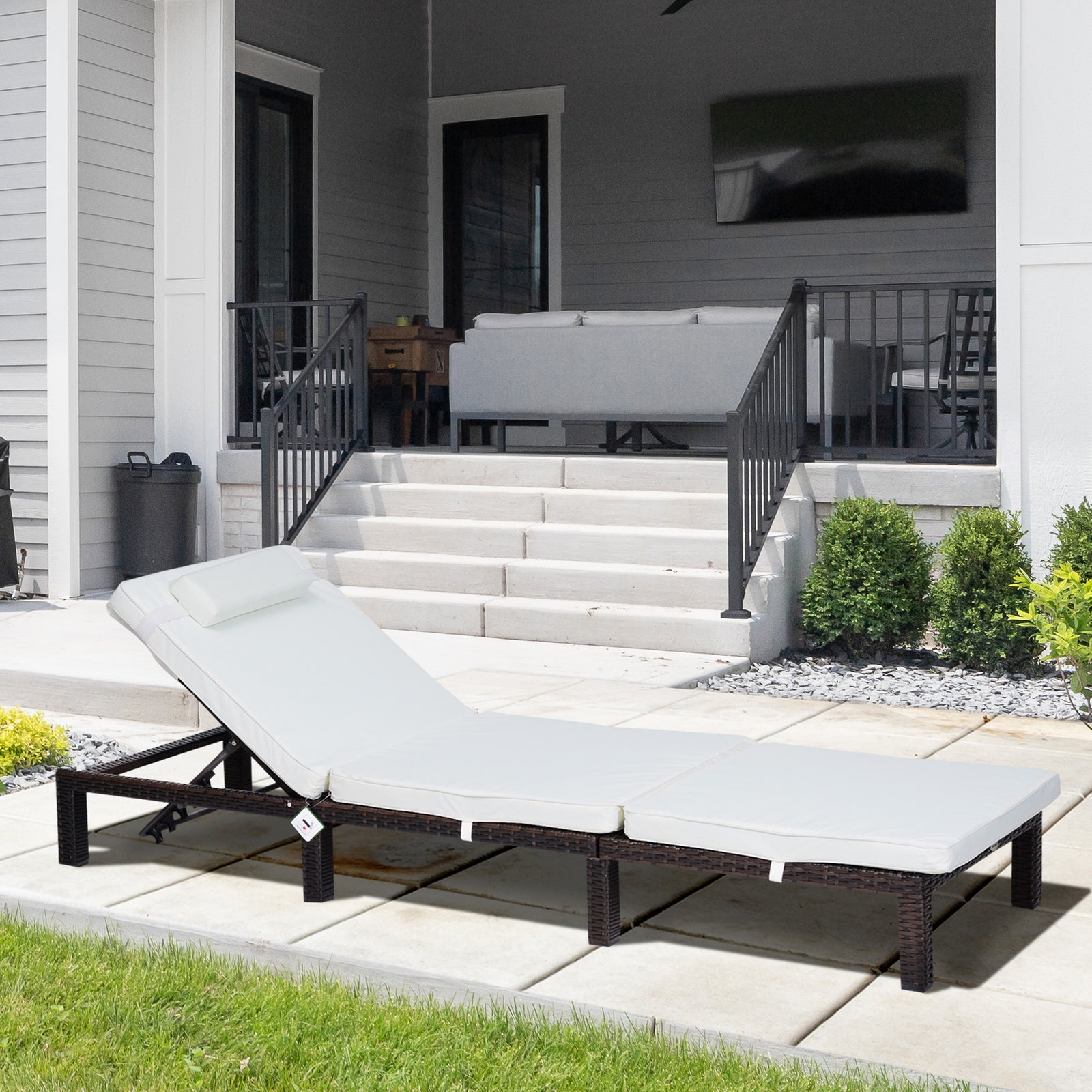 Rattan Reclining Sun Lounger With Cushion | Cream