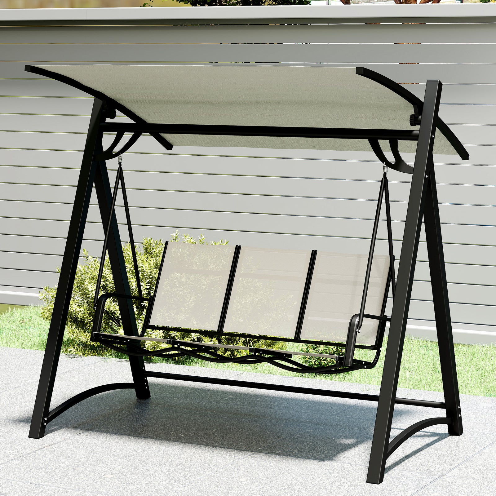 3 Seater Swing Chair, Garden Swing Bench With Adjustable Canopy | Cream