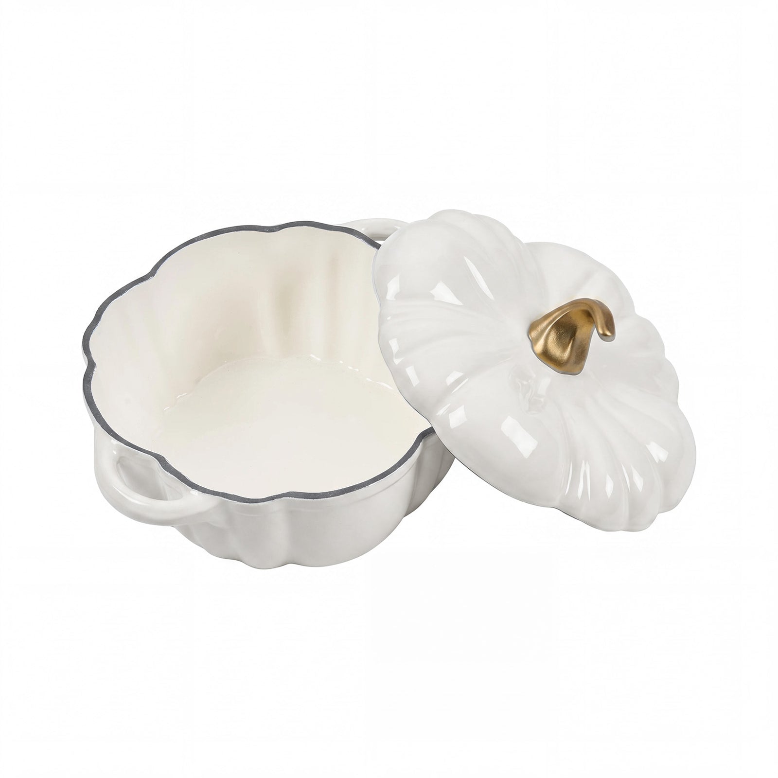 Enamelled Cast Iron Pumpkin Dutch Oven With Lid And Handles | White