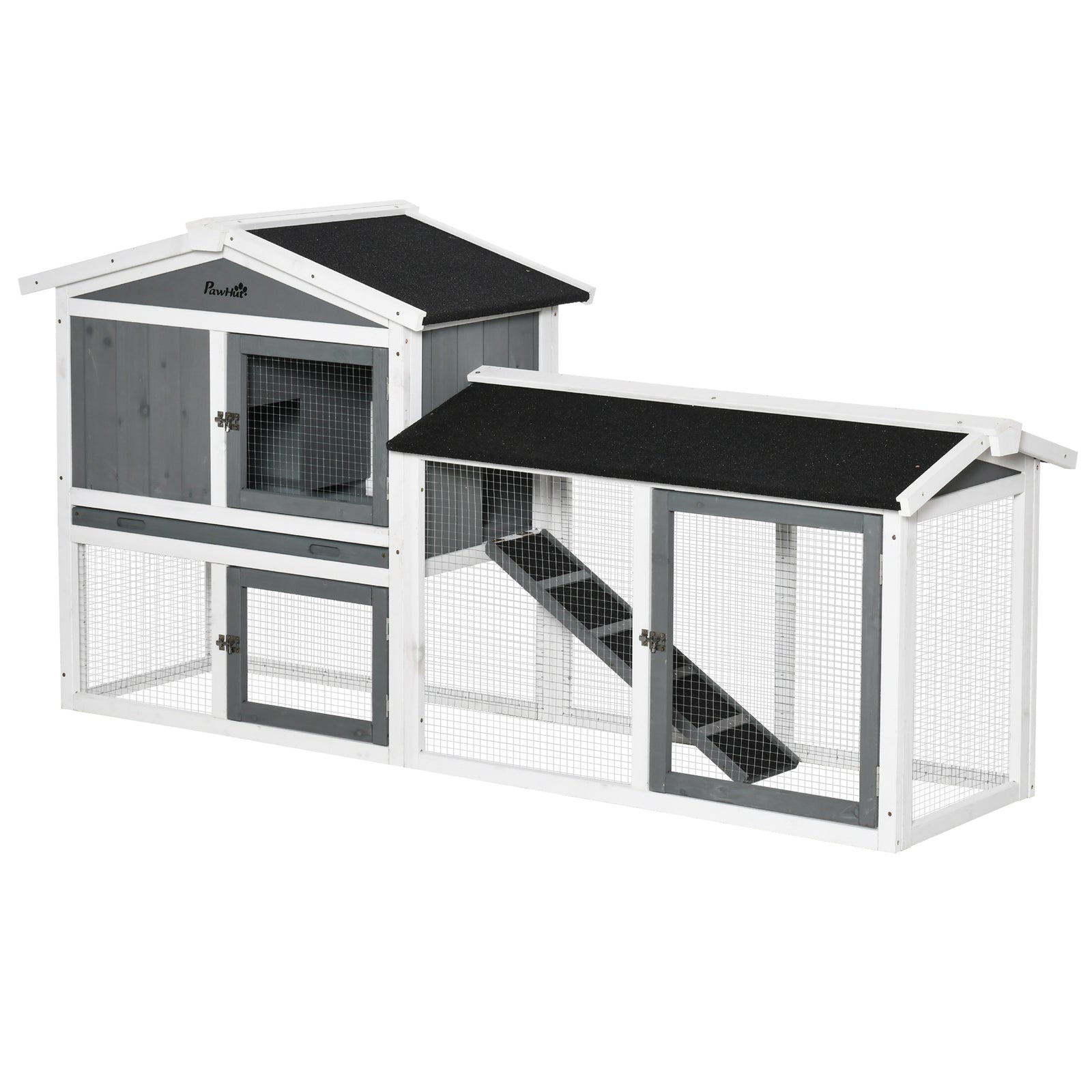 Two-tier Wooden Rabbit Hutch W/ Run Box, Slide-out Tray, Ramp 
White