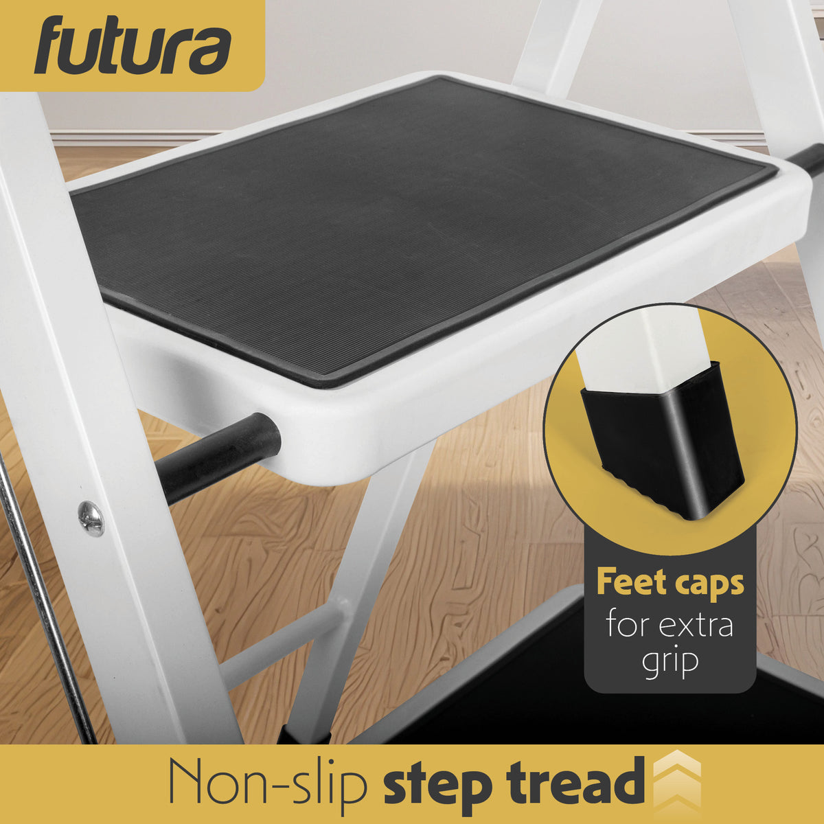 3 Step Ladder, Heavy-duty Steel Folding Home Diy Step Stool With Wide Non-slip Steps & Anti Slip Feet 150kg Capacity | 3 Step | White