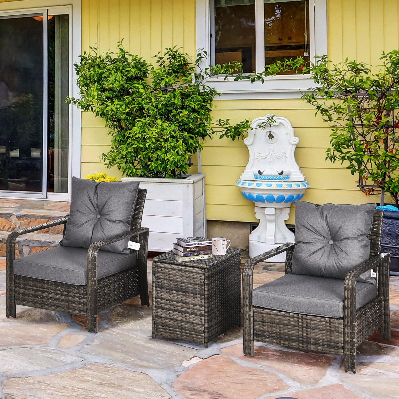 3 Pcs Pe Rattan Garden Sofa Set W/ 2 Chairs & Storage Table | Gray