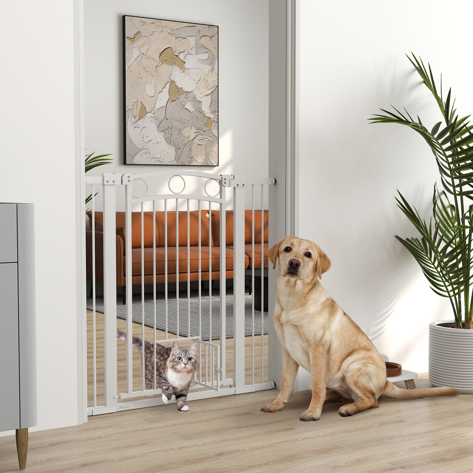 Pawhut Stair Gate With Cat Door, Adjustable Width 76-104cm & 77/96/106cm Tall | White