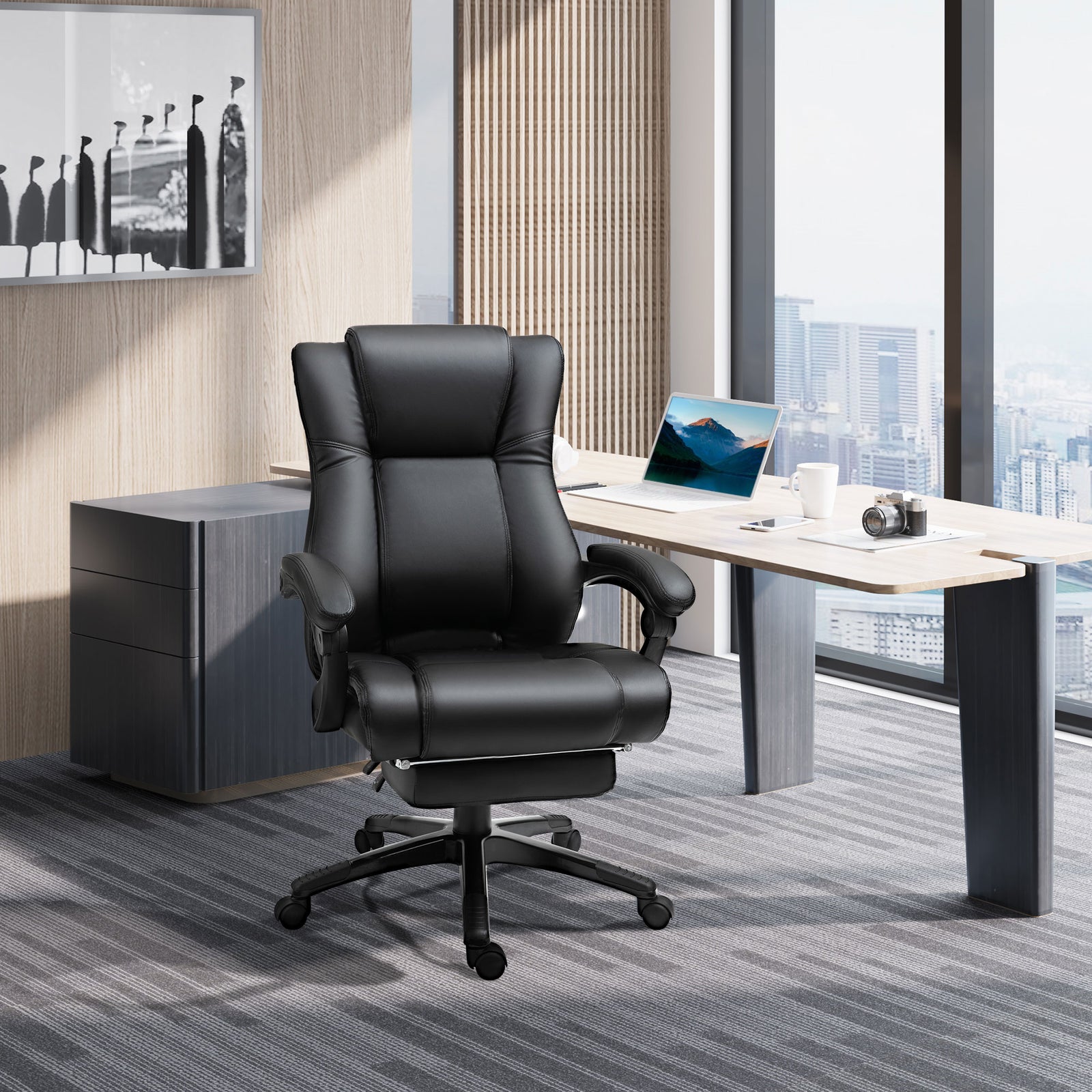 Pu Leather Office Chair W/ Foot Rest | Black