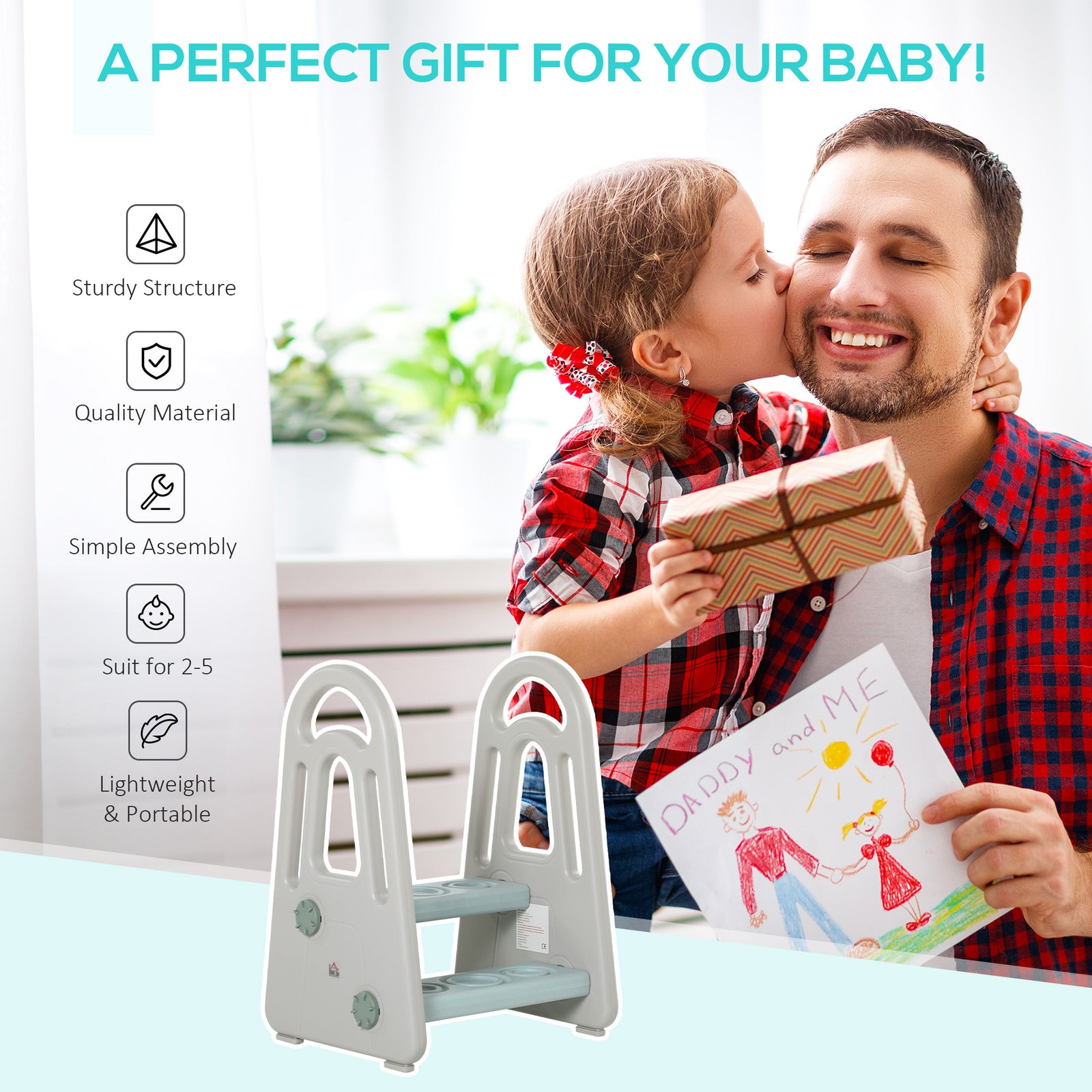 Kids Step Stool, Toddler Kitchen Helper With Handle For Bathroom, Blue And Grey