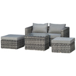 5 Pcs Pe Rattan Sofa Footstool Set Tall Glass-top Table | Gray