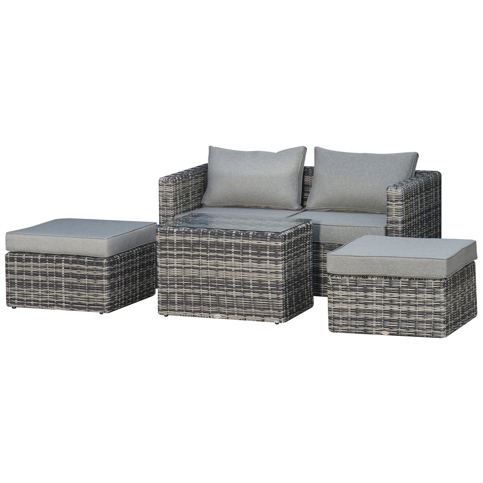5 Pcs Pe Rattan Sofa Footstool Set Tall Glass-top Table | Gray